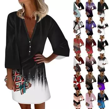 Платья для женщин Повседневное платье с V-образным вырезом Повседневное платье с рукавами три четверти Сарафан на пуговицах L чёрный