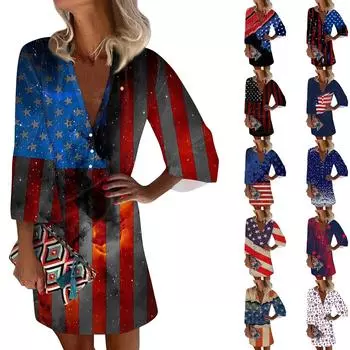 Платья для женщин Повседневное платье с V-образным вырезом Повседневное платье с рукавами три четверти Сарафан на пуговицах L чёрный