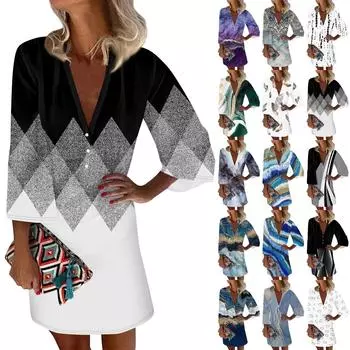 Платья для женщин Повседневное платье с V-образным вырезом Повседневное платье с рукавами три четверти Сарафан на пуговицах L бежевый