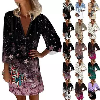 Платья для женщин Повседневное платье с V-образным вырезом Повседневное платье с рукавами три четверти Сарафан на пуговицах L бежевый