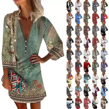 Платья для женщин Повседневное платье с V-образным вырезом Повседневное платье с рукавами три четверти Сарафан на пуговицах L армия зеленый