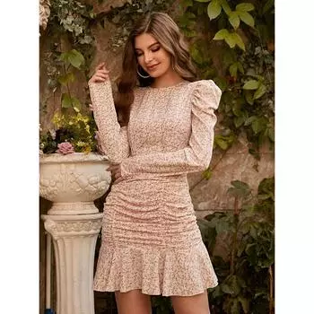 Платья для женщин с цветочным принтом и пышными рукавами S