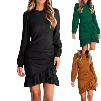 Платья для женщин с длинным рукавом и оборками по низу, весеннее повседневное платье M синий