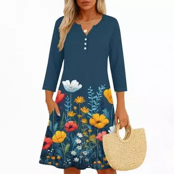 Платья для женщин Весенние сарафаны Женское повседневное платье с рукавом 3/4 V-образный вырез Бохо Платье с цветочным принтом M тёмно-синий