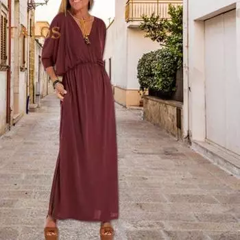 Платья для женщин Весна-лето Рубашка Свободное платье с v-образным вырезом и рукавами три четверти Платье с высокой талией Сплошной цвет Сплит плиссированные длинные платья M темно-серого