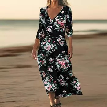 Платья для женщин Винтажный принт Туника с завышенной талией Миди-платье Летнее повседневное Платье с рукавом 3/4 L чёрный