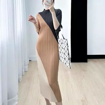 Платья для женщин, весна-лето для похудения, прямые юбки-трубы с цветовой блокировкой, элегантный темперамент, плиссированные юбки с круглым вырезом M хаки