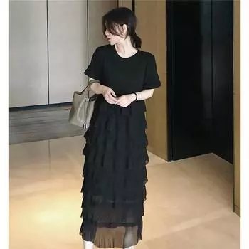 Платья-футболки больших размеров Женские хлопковые платья Свободные пляжные повседневные женские однотонные платья с круглым вырезом Узкие мягкие однотонные платья 2XL чёрный