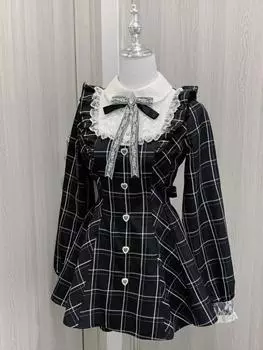 Платья Harajuku Sweet Bow Black Plaid, универсальные, облегающие, кавайные, в стиле Лолиты, для женщин, новинка осени, с длинным рукавом, Vestidos De Mujer S чёрный