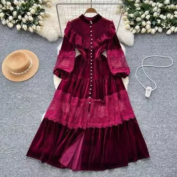 Платья High Street Женские ретро кружевные пэчворк золотые бархатные платья с французской жемчужной пряжкой длиной до талии винтажные шикарные платья M чёрный