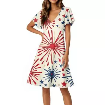 Платья ко Дню Независимости Платья с коротким рукавом и рукавом-фонариком Повседневные платья с V-образным вырезом L бежевый