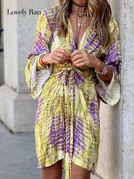 Платья миди со складками и принтом, женские летние свободные платья с длинными рукавами и высокой талией, на шнуровке, с глубоким V-образным вырезом, Vestidos, повседневные расклешенные платья для отпуска S