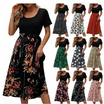 Платья миди, женское лоскутное платье с цветочным принтом, удобное повседневное вечернее платье с коротким рукавом и круглым вырезом L бежевый