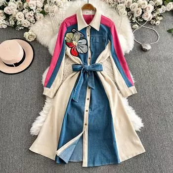 Платья на шнуровке с высокой талией для женщин 2025 года Платья из денима в стиле пэчворк Платья с длинными рукавами с отворотом Femininos Одежда во французском стиле One Size