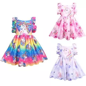 Платья принцессы с единорогом, платье без рукавов с рюшами и принтом для маленьких девочек, пышные вечерние детские платья 140 разноцветный