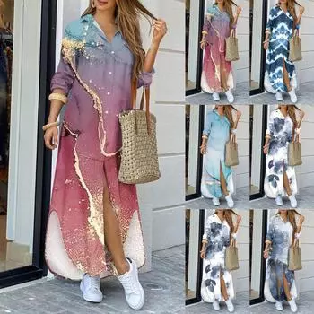 Платья-рубашки для женщин, сексуальные повседневные блузки с длинными рукавами и принтом, свободные макси-платья с разрезом на пуговицах M синий