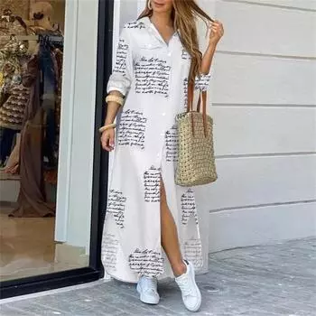 Платья-рубашки для женщин, сексуальные повседневные блузки с длинными рукавами и принтом, свободные макси-платья с разрезом на пуговицах XXXXXL белый