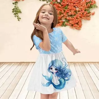 Платья с 3D принтом для девочек, детское праздничное платье принцессы без рукавов для девочек, платье-майка с 3D принтом снежинки и русалки 80 светло-синий