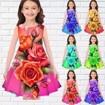 Платья с 3D принтом для девочек, детское праздничное платье принцессы без рукавов для девочек, многоцветное розовое платье с 3D принтом на бретелях