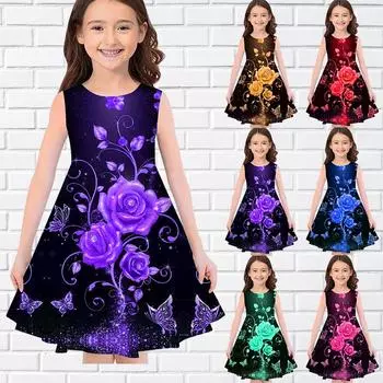Платья с 3D принтом для девочек, детское праздничное платье принцессы без рукавов для девочек, платье без рукавов с 3D принтом и 3 цветными розами 80 розовый