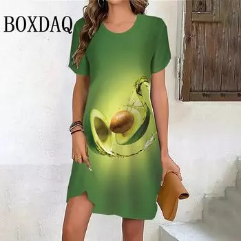 Платья с 3D-принтом с фруктами для женщин, летнее повседневное платье с короткими рукавами и милым авокадо, модное мини-платье А-силуэта с круглым вырезом S