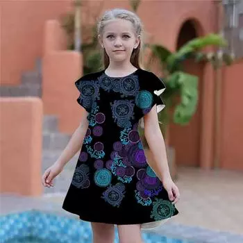 Платья с блестящим принтом жука для девочек. Детское праздничное платье для девочек. Свободный крой. Свободная юбка с короткими рукавами для девочек старше четырех лет. 80 синий