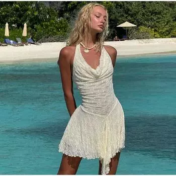Платья с бретельками через шею для женщин, модная сексуальная пляжная одежда, однотонное мини-платье без рукавов с V-образным вырезом, женская уличная одежда, облегающий крой S абрикосовый
