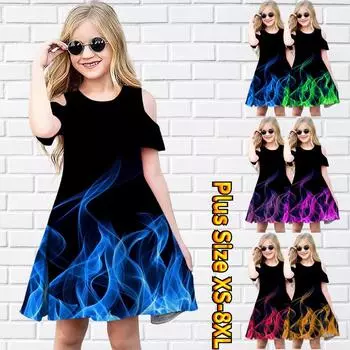 Платья с цветочным голубым пламенным принтом для девочек, детское праздничное платье с открытыми плечами для девочек, платье принцессы, платье с короткими рукавами для девочек старше 4 лет 80 синий