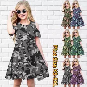 Платья с цветочным камуфляжным принтом для девочек, детское праздничное платье с открытыми плечами для девочек, платье принцессы, платье с короткими рукавами для девочек старше 4 лет 80 розовый