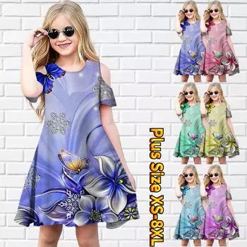 Платья с цветочным керамическим цветочным принтом для девочек, детское праздничное платье с открытыми плечами для девочек, платье принцессы, платье с короткими рукавами для девочек старше 4 лет 80 синий