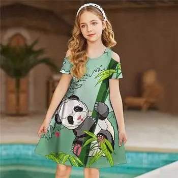 Платья с цветочным принтом бамбукового медведя для девочек, детское праздничное платье с открытыми плечами для девочек, платье принцессы, платье с короткими рукавами для детей старше четырех лет 80 белый