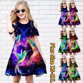 Платья с цветочным принтом благоприятных птиц для девочек, детское вечернее платье с открытыми плечами для девочек, платье принцессы, платье с короткими рукавами для девочек старше 4 лет 80 синий