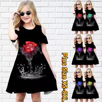 Платья с цветочным принтом «Цветы в воде» для девочек, детское вечернее платье с открытыми плечами для девочек, платье принцессы, платье с короткими рукавами для девочек старше 4 лет 80 красный