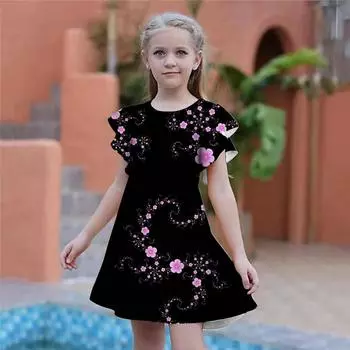 Платья с цветочным принтом для девочек, детское праздничное платье для девочек, свободное облегание, свободная юбка с короткими рукавами для девочек старше четырех лет 80 синий