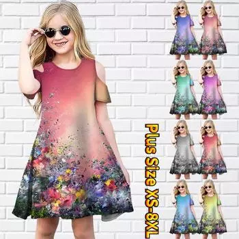 Платья с цветочным принтом для девочек, детское праздничное платье с открытыми плечами для девочек, платье принцессы, платье с короткими рукавами для девочек старше 4 лет 80 синий