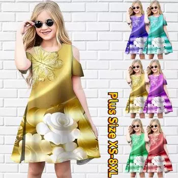 Платья с цветочным принтом и красивыми цветами для девочек. Детское праздничное платье с открытыми плечами для девочек. Платье принцессы. Платье с короткими рукавами для девочек старше 4 лет. 80 синий