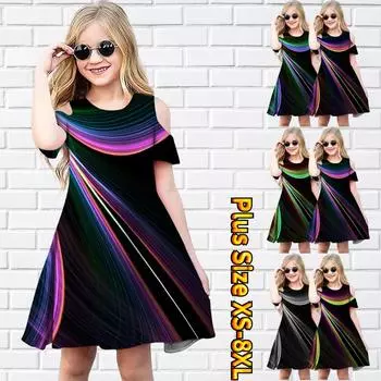 Платья с цветочным принтом и разноцветными линиями для девочек. Детское праздничное платье с открытыми плечами для девочек. Платье принцессы. Платье с короткими рукавами для девочек старше 4 лет. 80 синий