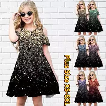 Платья с цветочным принтом и звездным принтом для девочек, детское вечернее платье с открытыми плечами для девочек, платье принцессы, платье с короткими рукавами для девочек старше 4 лет 80 золотой