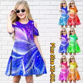 Платья с цветочным принтом «лисий хвост» для девочек, детское праздничное платье с открытыми плечами для девочек, платье принцессы, платье с короткими рукавами для девочек старше 4 лет 80 синий