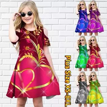 Платья с цветочным принтом Love для девочек, детское праздничное платье с открытыми плечами для девочек, платье принцессы, платье с короткими рукавами для девочек старше 4 лет 80 синий