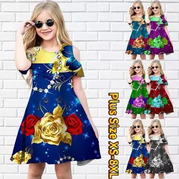 Платья с цветочным принтом пиона для девочек, детское вечернее платье с открытыми плечами для девочек, платье принцессы, платье с короткими рукавами для девочек старше 4 лет 80 синий