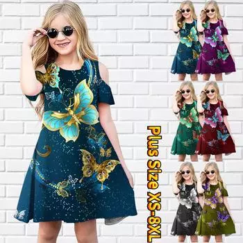 Платья с цветочным принтом «Золотая бабочка» для девочек, детское праздничное платье с открытыми плечами для девочек, платье принцессы, платье с короткими рукавами для девочек старше 4 лет 80 синий