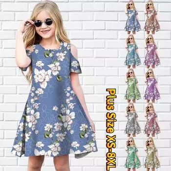 Платья с цветочным розовым и нежным цветочным принтом для девочек. Детское праздничное платье с открытыми плечами для девочек. Платье принцессы. Платье с короткими рукавами для девочек старше 4 лет. 180 синий