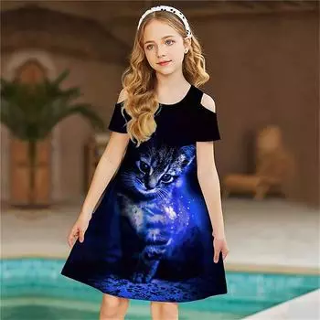 Платья с цветочным синим кристаллом и принтом кота для девочек, детское праздничное платье с открытыми плечами для девочек, платье принцессы, платье с короткими рукавами для детей старше четырех лет 80 розовый