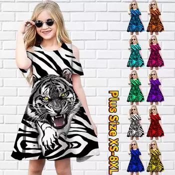 Платья с цветочным тигровым принтом для девочек, детское праздничное платье с открытыми плечами для девочек, платье принцессы, платье с короткими рукавами для девочек старше 4 лет 180 синий