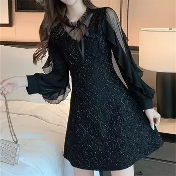 Платья с длинным рукавом, женские черные кружевные лоскутные повседневные офисные женские элегантные тонкие вечерние весенние платья, шикарные винтажные платья до середины икры S чёрный