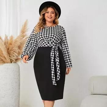 Платья с длинными рукавами для женщин с круглым вырезом, большие размеры, платье до колена, лоскутное тонкое облегающее платье, модные платья для пригородных поездов, платье с завязками XL чёрный