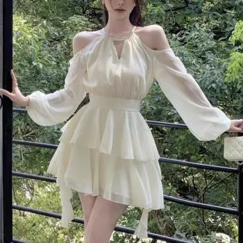 Платья с длинными рукавами и фонариками, женские однотонные осенние платья трапециевидной формы с открытыми плечами и оборками, лоскутное шитье, элегантный шик с лямкой на шее S абрикосовый