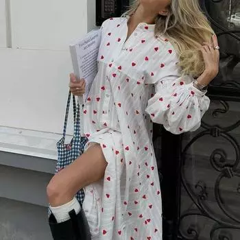 Платья с длинными рукавами и принтом сердца, свободное хлопковое платье макси с пуговицами, винтажная элегантная женская одежда, Vestidos S белый