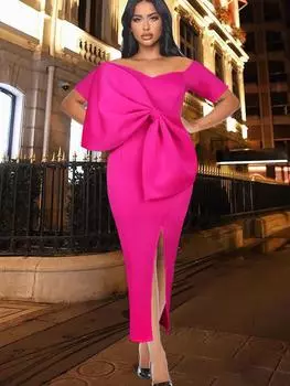 Короткие рукава платья сексуальные открытые плечи розово-красные облегающие платья с бантом облегающие платья клубные вечерние длинные наряды лето XL ярко-розовый